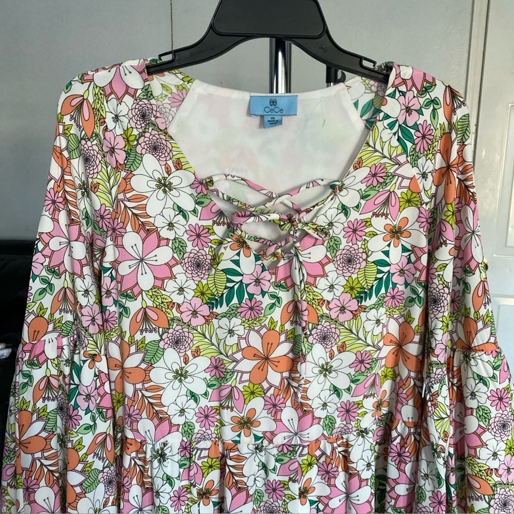 CeCe Floral Printed Lace-Up Tiered Dress S XS Balloon Sleeve Lined boho  W-21 - Picture 3 of 8